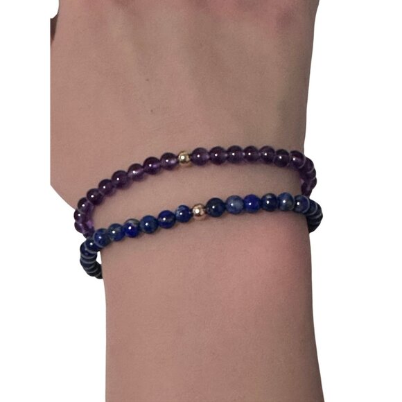 Lapis Lazuli & Amethyst Gemstone Stretch Bracelet with 14K Gold Accent Bead Hand - Picture 6 of 7